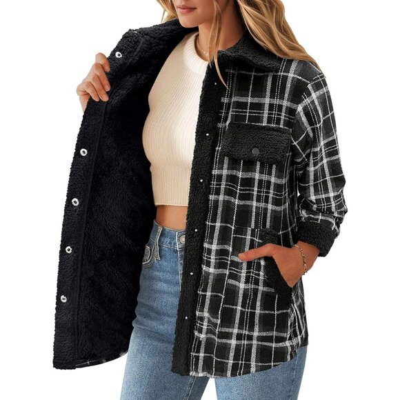 Jackets & Blazers - Women's Flannel Fleece Lined Shacket Fall Winter Cozy Plaid Coat S-XXL